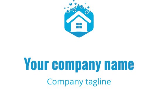 Diseño de logo de casa moderna azul con forma hexagonal y burbujas