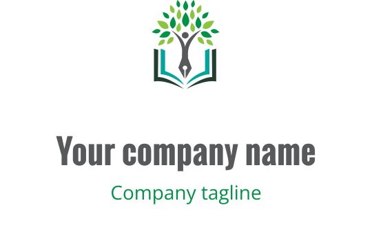 Diseño de logo moderno con figuras estilizadas y un libro abierto en verde y azul