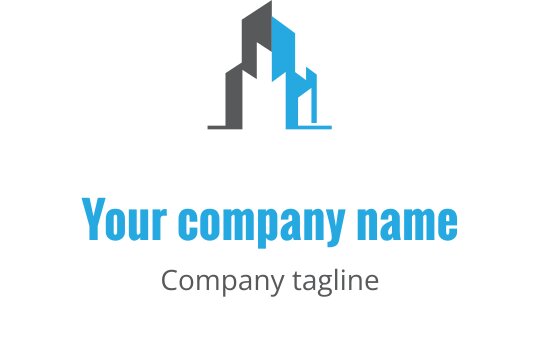 Diseño de logo minimalista en gris y azul con contorno de edificio estilizado
