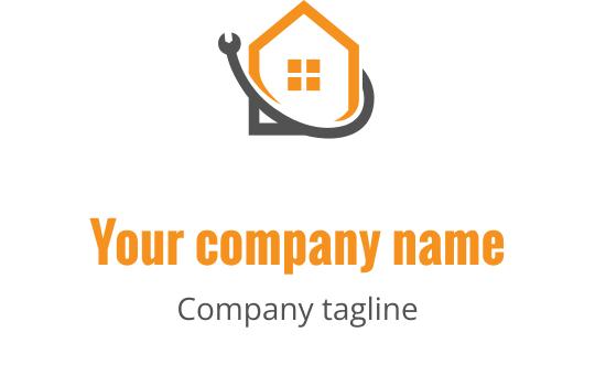 Diseño de logo de casa moderna con una llave inglesa y acentos naranjas