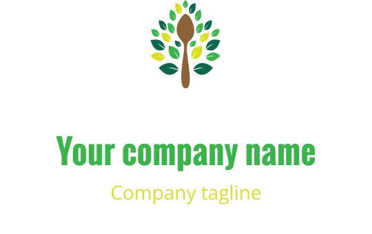 Diseño de logo vibrante con una disposición estilizada de frutas y verduras en marrón y verde azulado