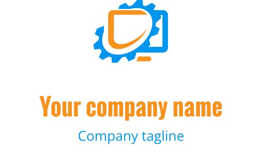 Diseño de logo moderno en azul y naranja con una computadora estilizada y herramientas